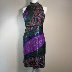 Vintage Sean Women's L Dress 100% Pure Silk Beaded Sequin Prom Formal Mardi Gras